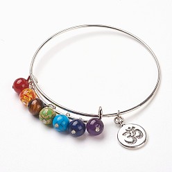Mixed Stone Chakra Jewelry, Adjustable Iron Bangles, with Natural/Synthetic Gemstone Bead and Brass Findings, Flat Round with Om Symbol, 2-1/2 inch(6.4cm), Pendant: 19x15x2mm