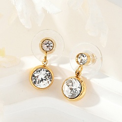 Кристалл 304 серьги-гвоздики из нержавеющей стали со стразами, ионное покрытие (ip), реальный 14 k позолоченный, плоско-круглые, кристалл, 16x7.5 мм