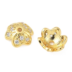 Настоящее золото 18K Колпачки для бусин из прозрачного кубического циркония из латуни, 3-лепестков цветка, реальный 18 k позолоченный, 9.5x10.5x4 мм, отверстие : 1.5 мм
