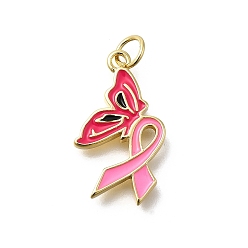 Бабочка Октябрь рак груди розовая лента осведомленности латунные эмалевые подвески, с целью перехода в кольце, реальный 18 k позолоченный, бабочка, 21.5x12.5x2 мм, отверстие : 3.5 мм