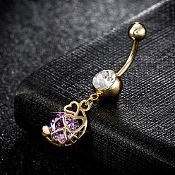 Lila Piercing-Schmuck, Messing Zirkonia Nabel Ring, Bauchringe, mit chirurgischem Edelstahlstab, cadmiumfrei und bleifrei, echt 18 k vergoldet, lila, 40x9 mm, Stange: 15 Spurweite(1.5mm), Stangenlänge: 3/8"(10mm)