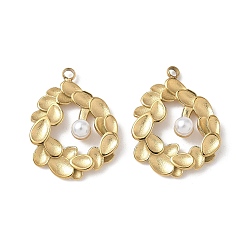 Настоящее золото 18K 304 подвески из нержавеющей стали, с абс пластмассовой имитационной жемчужиной, ионное покрытие (ip), очарование листа, реальный 18 k позолоченный, 24x18x5 мм, отверстие : 1.8 мм