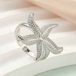 Платина Латунные кольца-манжеты для женщин, морская звезда, стойки покрытие, долговечный, без свинца и без кадмия, платина, регулируемый, 22x24.5 мм