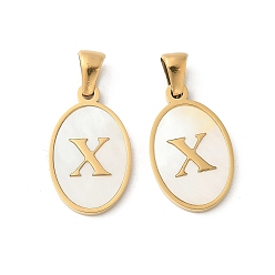 Letter X Натуральный ракушечный овал с инициалами, с 304 установками из нержавеющей стали, ионное покрытие (ip), реальный 18 k позолоченный, белые, Письмо X, 21x13x2 мм, отверстие : 3.5x5 мм