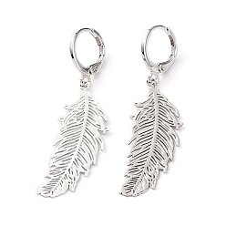 Platinum & Stainless Steel Color 304 Stainless Steel Leverback Earrings, with Brass Feather Pendants, Platinum & Stainless Steel Color, 1-7/8 inch(47mm), Pin: 0.8mm