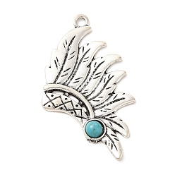 Antique Silver Retro Alloy Big Pendants, with Synthetic Turquoise, Indian Hat Charms, Antique Silver, 56x32.5x5mm, Hole: 3mm