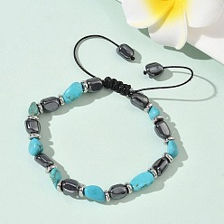 Бирюза Браслеты из плетеных бусин из натуральной бирюзы и немагнитного синтетического гематита для мужчин и женщин, овальные, с 201 фурнитурой из нержавеющей стали, внутренний диаметр: 2~3-1/4 дюйм (5.2~8.4 см)