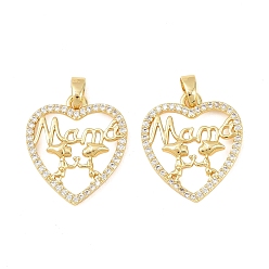 Золотой Подвески из латуни с микро паве ко Дню матери, прозрачные подвески с кубическим цирконием, сердце прелести, долговечный, стойки покрытие, без свинца и без кадмия, золотые, 21x18.5x2.5 мм, отверстие : 5x2.5 мм