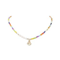 Colorful Natural Cultured Freshwater Pearl & Glass Seed Beaded Necklaces, Brass Angel Pendant Necklaces for Women, Colorful, 17.64 inch(44.8cm)