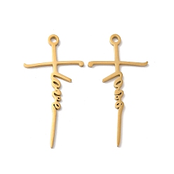 Настоящее золото 18K Ионное покрытие (ip) 304 подвески из нержавеющей стали, крест со словом любовный оберег, реальный 18 k позолоченный, 39.5x20x1 мм, отверстие : 2 мм