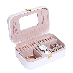 White Rectangle PU Imitation Leather Jewelry Storage Boxes with Mirror Inside, for Necklaces Bracelets Earrings Rings, White, 22x15x7cm