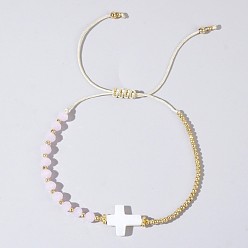 Pink Регулируемые браслеты из плетеных бусин из стекла и латуни, Украшения из натуральных ракушек для женщин, крестик, золотые, розовые, 11.02 дюйм (28 см)