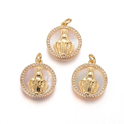 Золотой Латунные подвески, с микро проложить кубического циркония, раковины и прыжковые кольца, плоские круглые с Девой Марией, прозрачные, золотые, 18x16x3 мм, отверстие : 3 мм