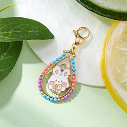 Фиолетовый Пасхальная капля стеклянный бисер и эмалированный кролик подвеска украшения, с 304 из нержавеющей стали Lobster Claw застежками, фиолетовые, 48 мм