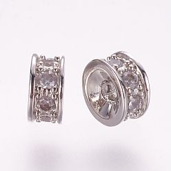 Platinum Brass Micro Pave Cubic Zirconia Spacer Beads, Flat Round, Platinum, 4.5x2.5mm, Hole: 1mm