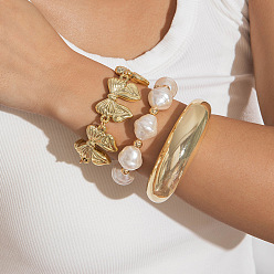 Золотой Комплект браслетов из сплава бантиком, железа, пластика ccb и пластикового жемчуга, золотые, 2-3/8 дюйм(5.9см) и 2-3/8 дюйм(6см) и 165+55мм, 3 шт / комплект