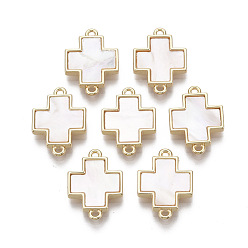Морская Ракушка Латунные коннекторы, С пресноводной оболочкой, без никеля , крестик, реальный 18 k позолоченный, цвет морской раковины, 18x12.5x3 мм, отверстие : 1.2 мм