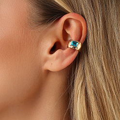 Turquoise Zinc Alloy & Glass Cuff Earrings for Women, Rectangle, Golden, Turquoise, 8x14mm