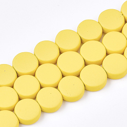 Yellow Spray Painted Non-magnetic Synthetic Hematite Beads Strands, Flat Round, Yellow, 10x4mm, Hole: 1mm, about 44pcs/strand, 15.7 inch