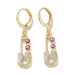 Red Golden Brass Dangle Leverback Earrings, with Enamel and Cubic Zirconia, Safety Pin with Evil Eye, Red, 36.5x8mm