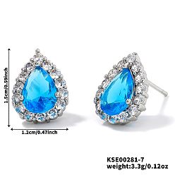 Синий Латунные серьги-гвоздики в виде капель, с кубическим цирконием и стеклом, платина, синие, 15x12 мм