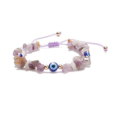 Аметист Плетеный браслет из бисера с кусочками натурального аметиста и смолой от сглаза, регулируемый браслет из драгоценных камней для женщин, внутренний диаметр: 2~3-1/2 дюйм (5~9 см)