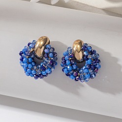 Королевский синий Серьги-гвоздики с железными и стеклянными бусинами, с медной проволокой, золотые, королевский синий, 25x20 мм