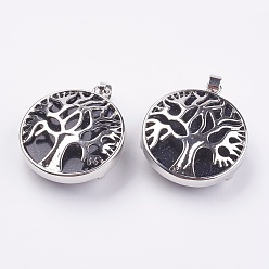 Синий Драгоценный Камень Синтетический синий авантюрин подвески, с латунной фурнитурой платинового цвета, плоские круглые с дерева жизни, 31.5x28x11.5 мм, отверстие : 5x7 мм