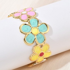 Цветок Разноцветные латунные эмалированные браслеты-манжеты для женщин, золотые, цветок, внутренний диаметр: 2.17x1.97 дюйм (5.5x5 см)