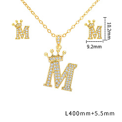 Letter M Наборы подвесок и сережек-гвоздиков из латуни с микропаве из прозрачных кубических цирконий., золотые, письмо с короной, Буква М, 11.2x9.2 мм и 400 мм
