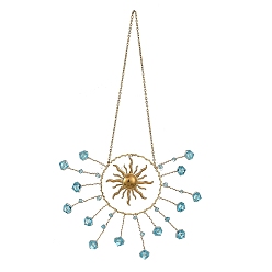 Blue 304 Stainless Steel Sun Shape Hanging Suncatcher, Faceted Imitation Austrian Crystal Beads Prism Window Wall Decor, Blue, 195x105x8mm