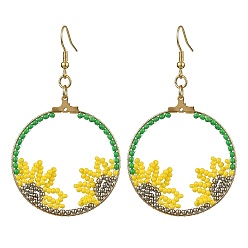 Золотой Серьги с подвесками из семян ручной работы, с 304 нержавеющей стали серьги крючки, цветок, зеленый лайм, золотые, 69x39 мм