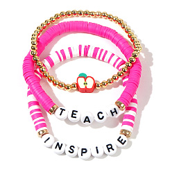 Hot Pink Teachers' Day Plastic Letter Inspire Teach Polymer Clay Heishi Beaded Stretch Bracelet Sets, Red Apple 3-Strand Adjustable Stackable Bracelets, Hot Pink, 6.89 inch(17.5cm), 3pcs/set