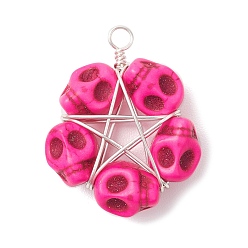 Темно-Розовый Подвески из бисера в виде черепа из синтетической бирюзы, окрашенные в стиле Хэллоуина, подвески-пентаграммы из медной проволоки, покрытой серебром, темно-розовыми, 30.5x25x10 мм, отверстие : 3 мм