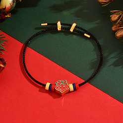 Сердце Рождественские регулируемые нейлоновые браслеты-слайдеры, браслеты из латунных бусин с эмалью для женщин, сердце, внутренний диаметр: 2 дюйм (5 см) ~ 3-1/8 дюйм (8 см)