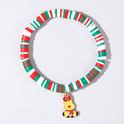 Олень Рождественские 304 браслеты из нержавеющей стали с эмалированными подвесками, Разноцветные браслеты из полимерной глины с бусинами хейши, эластичные, для женщин и мужчин., золотые, северный олень, 6.50 дюйм (16.5 см)