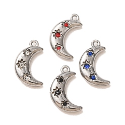 Mixed Color 304 Stainless Steel with Rhinestone Pendants, Moon Charms, Stainless Steel Color, Mixed Color, 16x9x3mm, Hole: 1.2mm