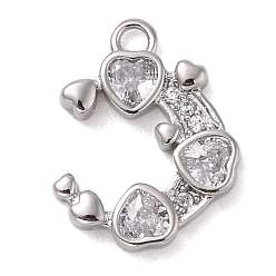 Platinum Brass with Cubic Zirconia Charms, Heart, Platinum, 13.5x10.5x2mm, Hole: 1.4mm