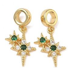 Настоящее золото 16K Европейские подвески-шармы с двумя звездами из латуни с микропаве из зеленого и прозрачного кубического циркония, Подвески с большими отверстиями, реальный 16 k позолоченный, 27 мм, отверстие : 5 мм