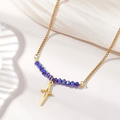Звезда Подвеска из сплава с гранеными бусинами-рондель из гальванического стекла 304 Женские ожерелья из нержавеющей стали с панцирным плетением, золотые, синие, звезда, 19.80~19.88 дюйм (50.3~50.5 см), Кулон : 23x10.5x2 мм