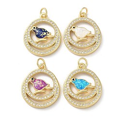 Mixed Color Brass Micro Pave Clear Cubic Zirconia Pendants, Cadmium Free & Lead Free, with Synthetic Opal, with Jump Ring, Real 18K Gold Plated, Flat Round with Bird, Mixed Color, 21.5x18x3mm, Hole: 3.6mm
