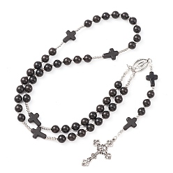 Negro Collar de cuentas de rosario de madera y turquesa sintética, Collar con colgante de cruz de aleación y Virgen María para religión, negro, 25.98 pulgada (66 cm)