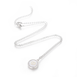 Letter D Brass Initial Pendant Necklaces, with Shell, Cubic Zirconia and 304 Stainless Steel Cable Chains, Flat Round with Letter, Letter.D, 17.5 inch(44.5cm), 1.5mm