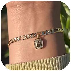 Letter H 304 браслеты с подвесками из нержавеющей стали и кристаллами горного хрусталя, браслеты-цепочки Фигаро для женщин, прямоугольник с буквой, золотые, Письмо ч, 6-3/4 дюйм (17 см)