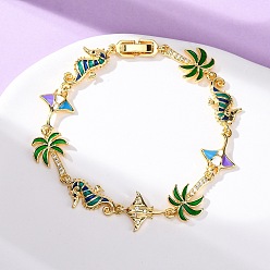 Sea Horse Браслеты из латуни с кубическим цирконием и эмалевыми звеньями на морскую тематику для женщин, золотые, красочный, морской конек, 7-1/2 дюйм (19 см), ссылка: 18.5~22x11~12.5x1.5~4 mm