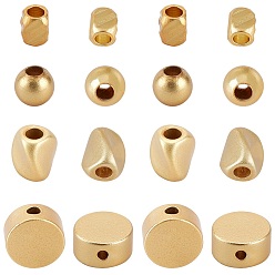Real 14K Gold Plated 56Pcs 4 Style Matte Style Brass Beads, Long-Lasting Plated, Flat Round & Cuboid & Round & Twist Oval, Real 14K Gold Plated, 14pcs/style