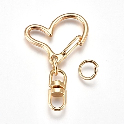 Light Gold Застежки-лобстеры из сплава в форме сердца, брелок для ключей, с двухсторонним поворотным крючком с проушиной и железными прыжковыми кольцами, золотой свет, 40x24x8.5 мм, Перейти кольцо: 8x1.2 мм