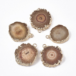 Перу Естественно druzy агат подвески, с латунной найти, позолоченный край, окрашенные, самородки, Перу, 22~33x18~25x5~7 мм, отверстие : 1.2~2 мм