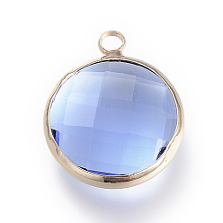 Васильковый Стеклянные подвески, с латунной фурнитурой , граненые, плоско-круглые, васильковый, 9.5x6.5x2.5 мм, отверстие : 2 мм