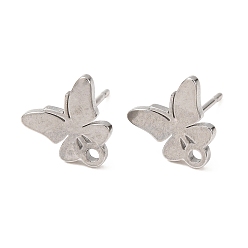 Butterfly 304 Stainless Steel Stud Earring Findings, with Loop, Stainless Steel Color, Butterfly, 9x9.5mm, Hole: 1.2mm, Pin: 10x0.8mm